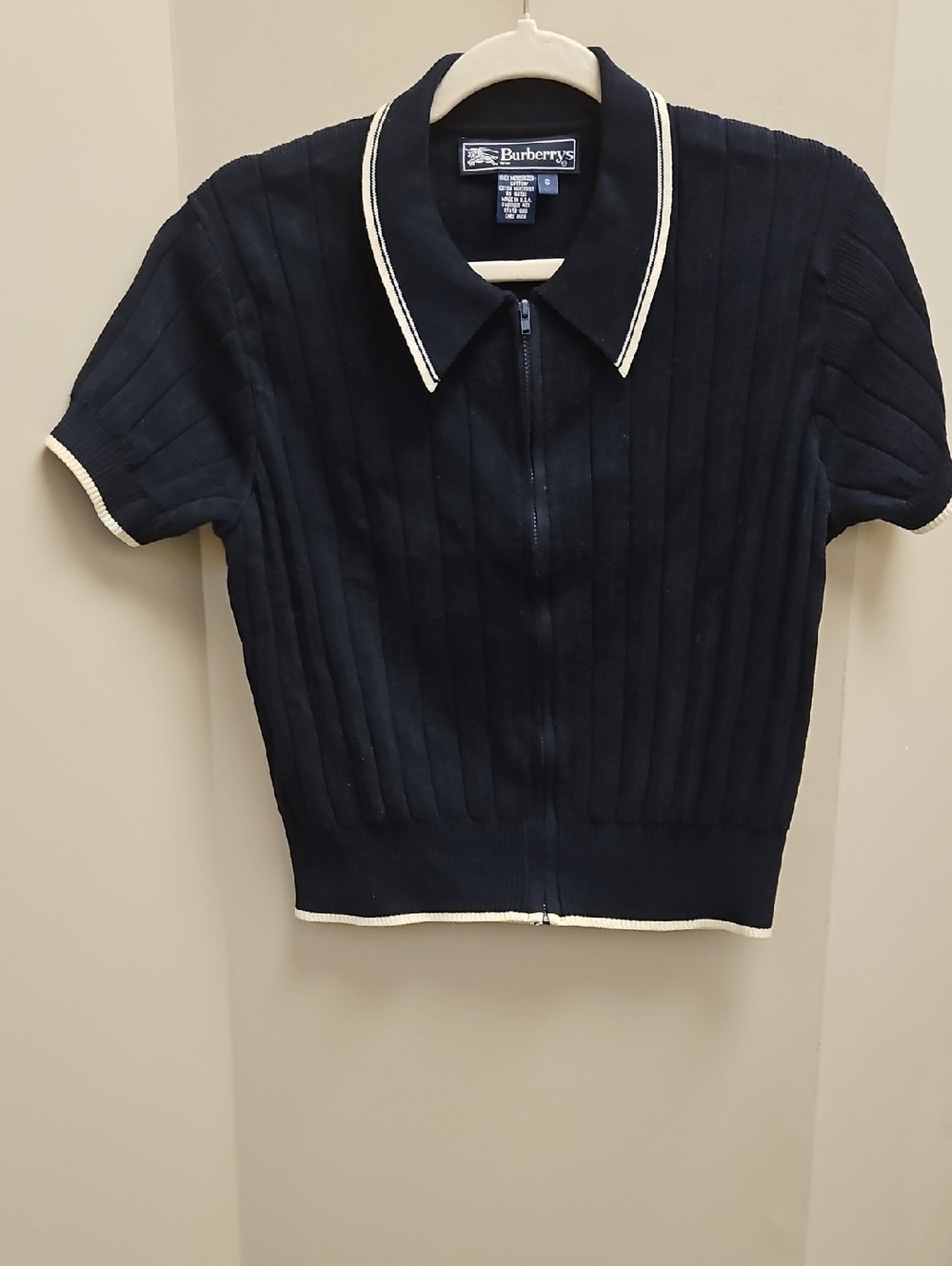 Burberry Navy Knit Polo Sweater with White Trim